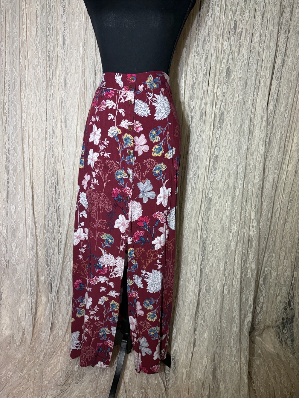 Forever 21 Maroon Floral Button-Front Maxi Skirt